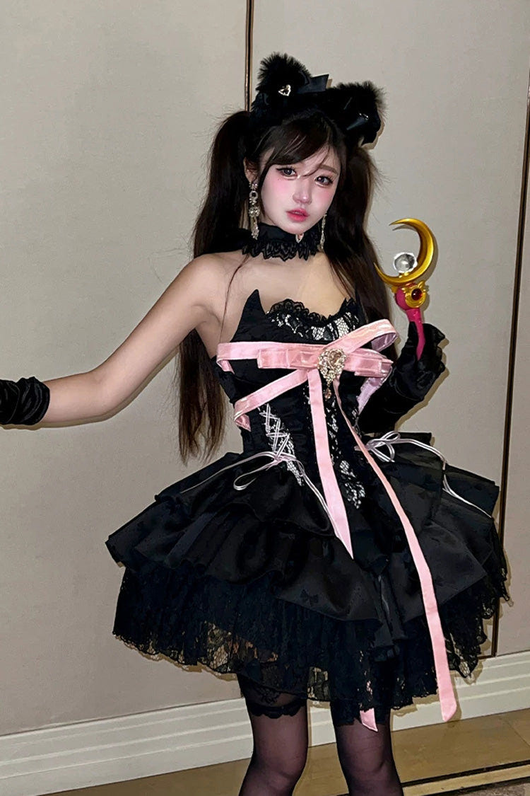 Black [Kitten Sweetheart] Multi-Layered Ruffled Bow Lace-Up Princess Ballet Gothic Lolita Jsk Dress - Product - 8