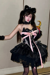 Black [Kitten Sweetheart] Multi-Layered Ruffled Bow Lace-Up Princess Ballet Gothic Lolita Jsk Dress - Product - 8
