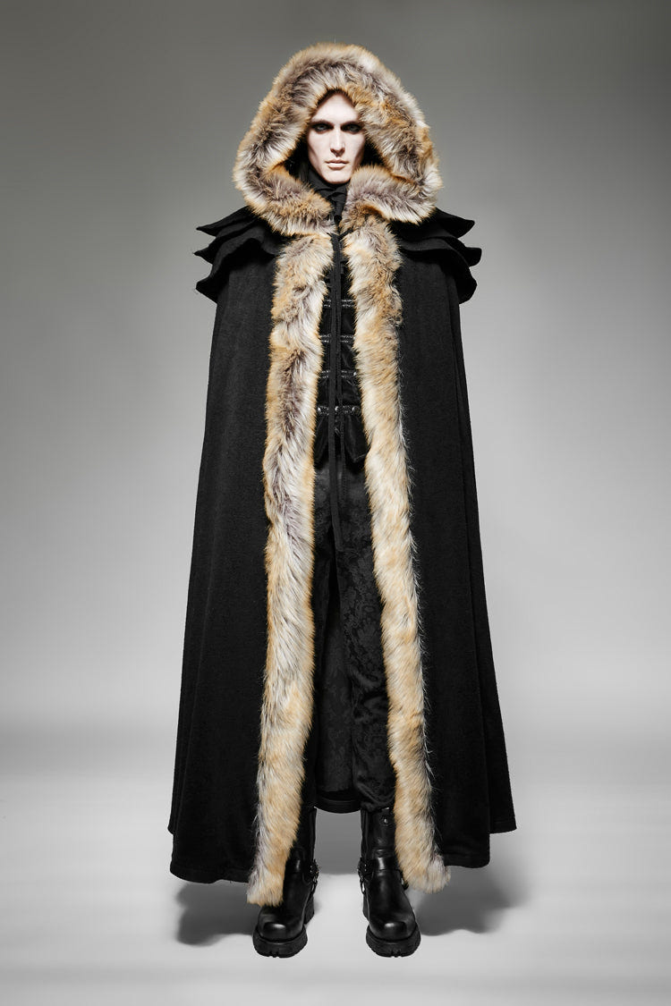 Black Hooded Fur Collar Wool Long Mens Gothic Coat Cloak - Product - 2