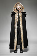 Black Hooded Fur Collar Wool Long Mens Gothic Coat Cloak - Product - 2