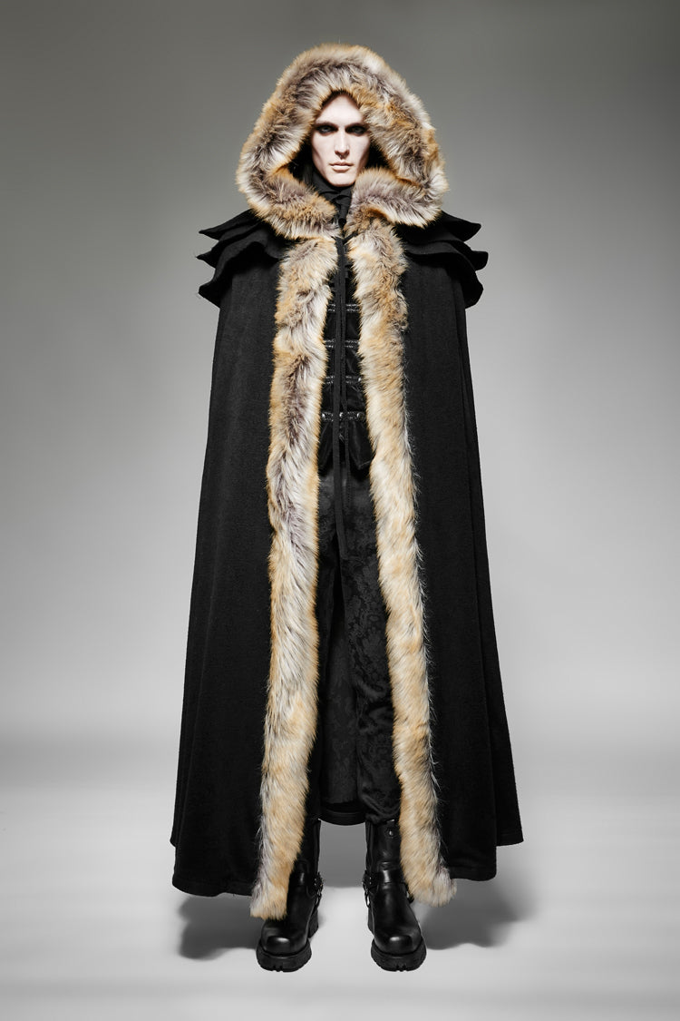 Black Hooded Fur Collar Wool Long Mens Gothic Coat Cloak - Product - 2