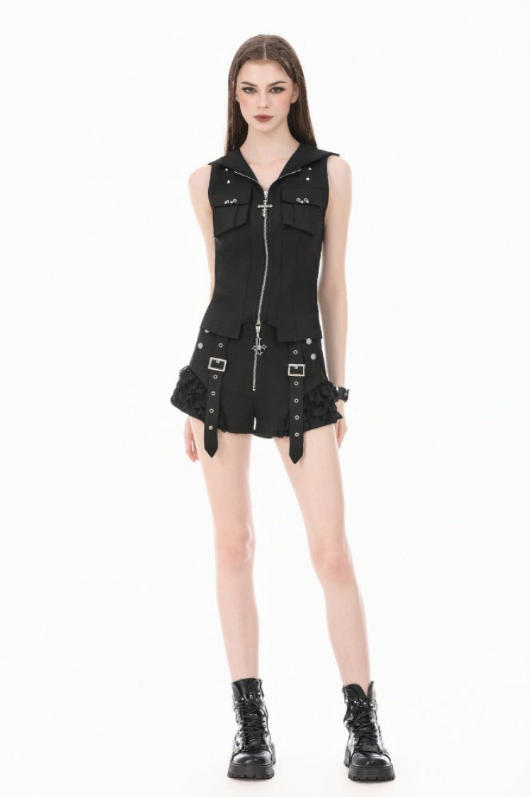 Black Sleeveless Studded Zippered Women's Punk Hooded Vest - Product - 9