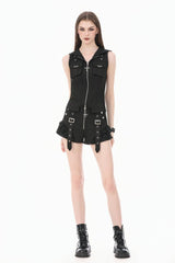 Black Sleeveless Studded Zippered Women's Punk Hooded Vest - Product - 9