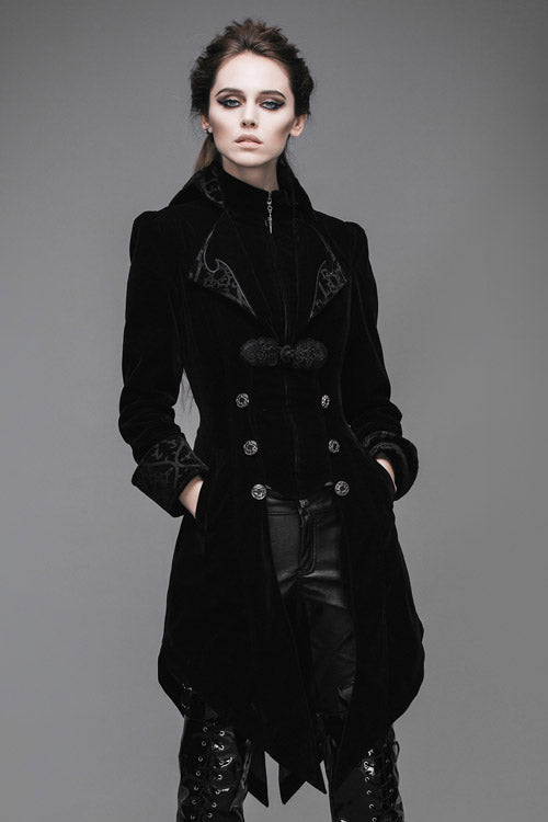 Black Embroidered High Collar Dovetail Velveteen Womens Gothic Coat - Product - 6