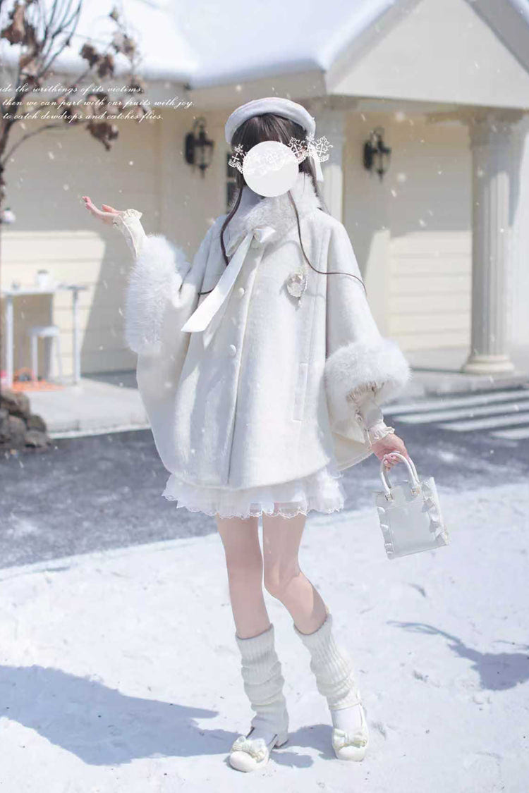 White Long Sleeves Lace Sweet Japanese Lolita Fluffy Cloak Coat - Product - 8