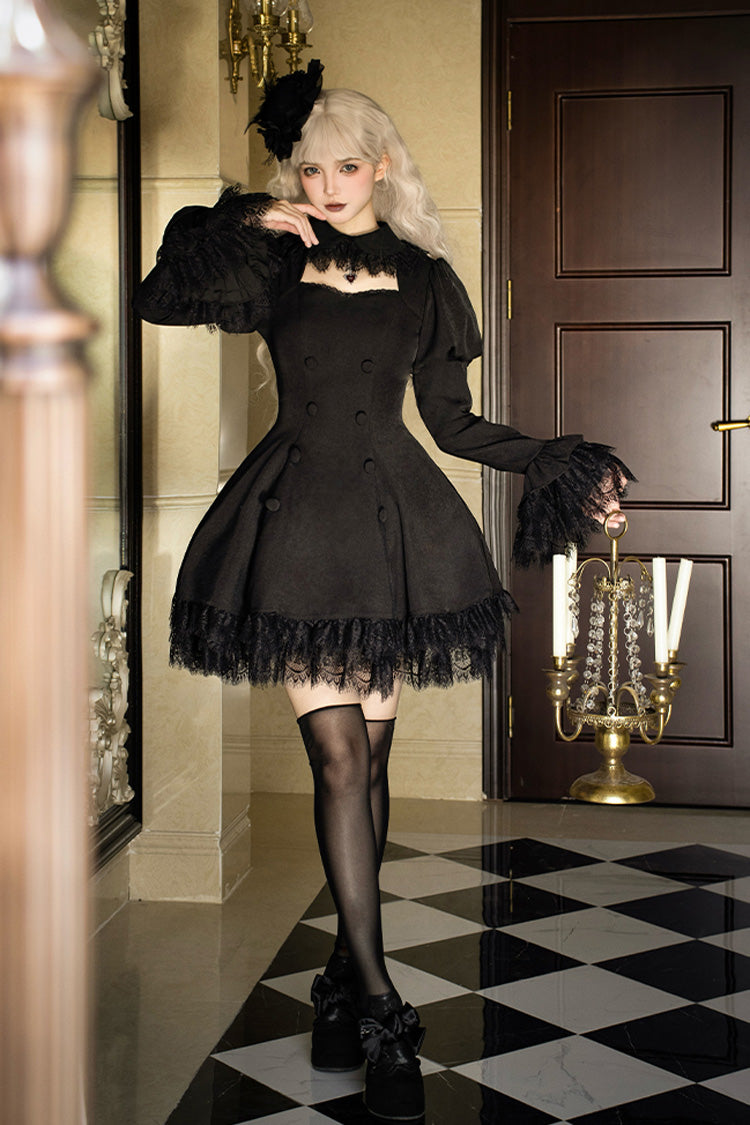 Black [Midnight Whisper] Double-breasted Short Sleeves Hollow Gothic Lolita Dress - Black - 1