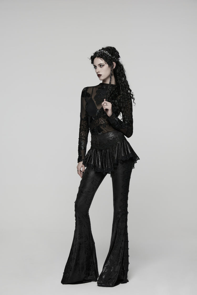 Black Printed Lace Slim Faux Two-Piece Women's Gothic Flared Pants - Product - 4