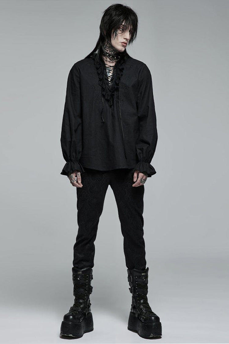Black Gothic Pure Cotton No Elasticity Neckline Pleats Lace Ruffle Embroidery Tie Rope Design Men's Shirt - Product - 4