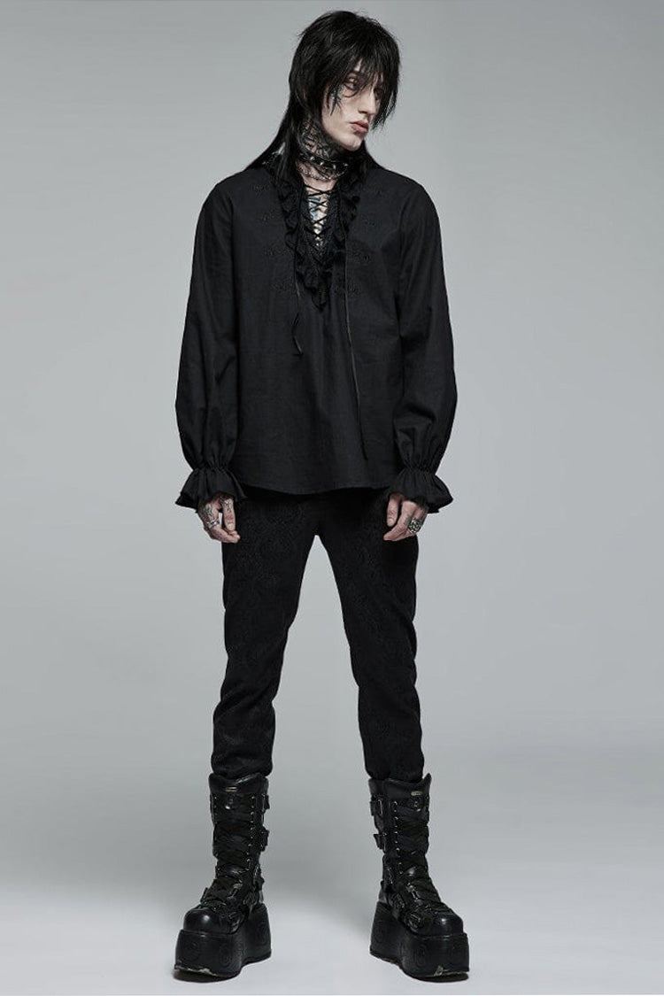 Black Gothic Pure Cotton No Elasticity Neckline Pleats Lace Ruffle Embroidery Tie Rope Design Men's Shirt - Product - 4