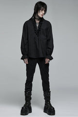 Black Gothic Pure Cotton No Elasticity Neckline Pleats Lace Ruffle Embroidery Tie Rope Design Men's Shirt - Product - 4