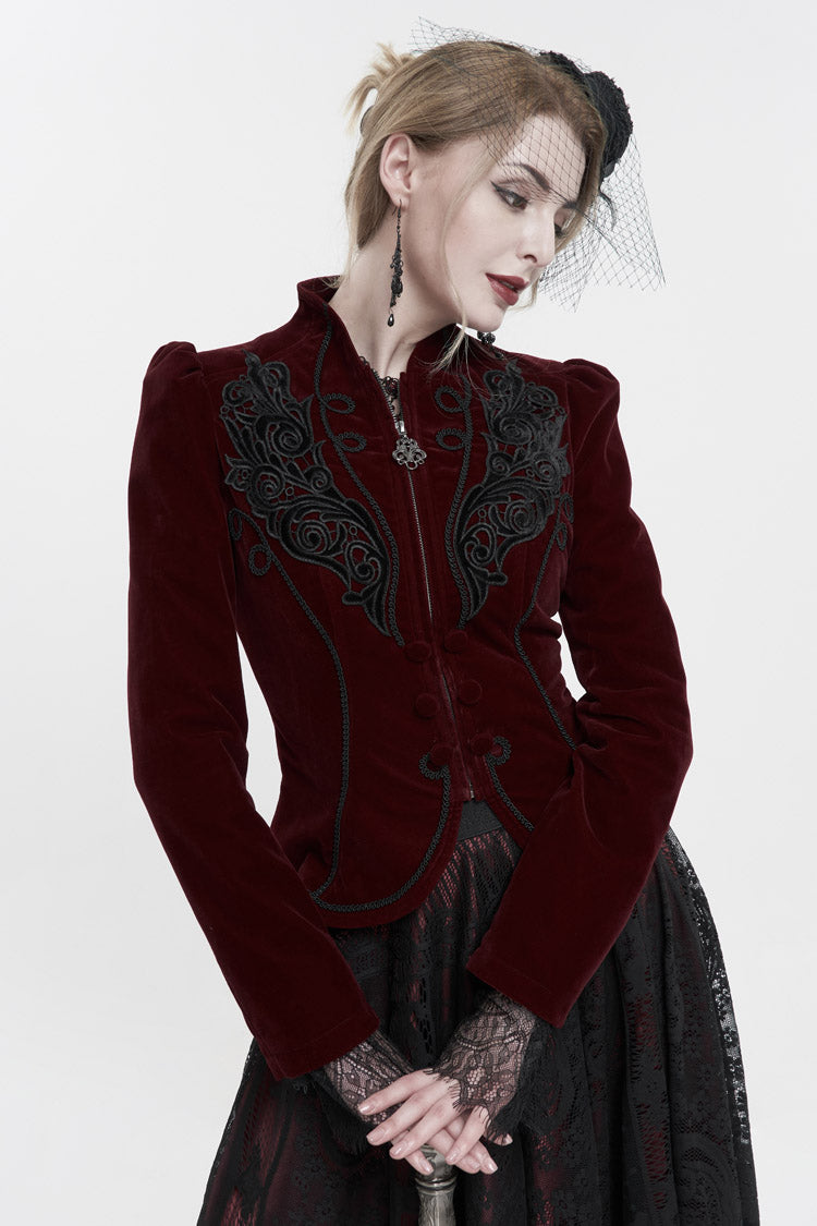 Red Stand Collar Velvet Applique On Chest Pendant Zipper Long Sleeve Women's Gothic Jacket - Product - 2