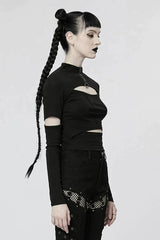 Comfortable Stitching Chain Cutout Turtleneck Ribbon Style Stretch Women's Punk T-Shirt 2 Colors - Product - 3