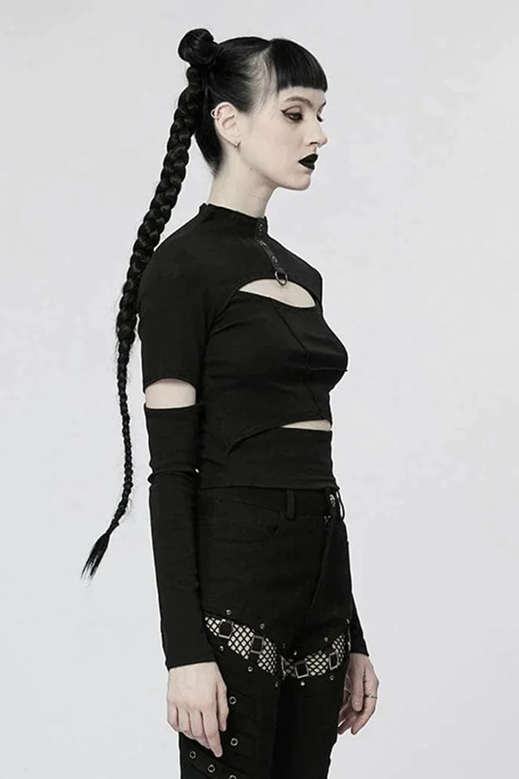 Comfortable Stitching Chain Cutout Turtleneck Ribbon Style Stretch Women's Punk T-Shirt 2 Colors - Product - 3