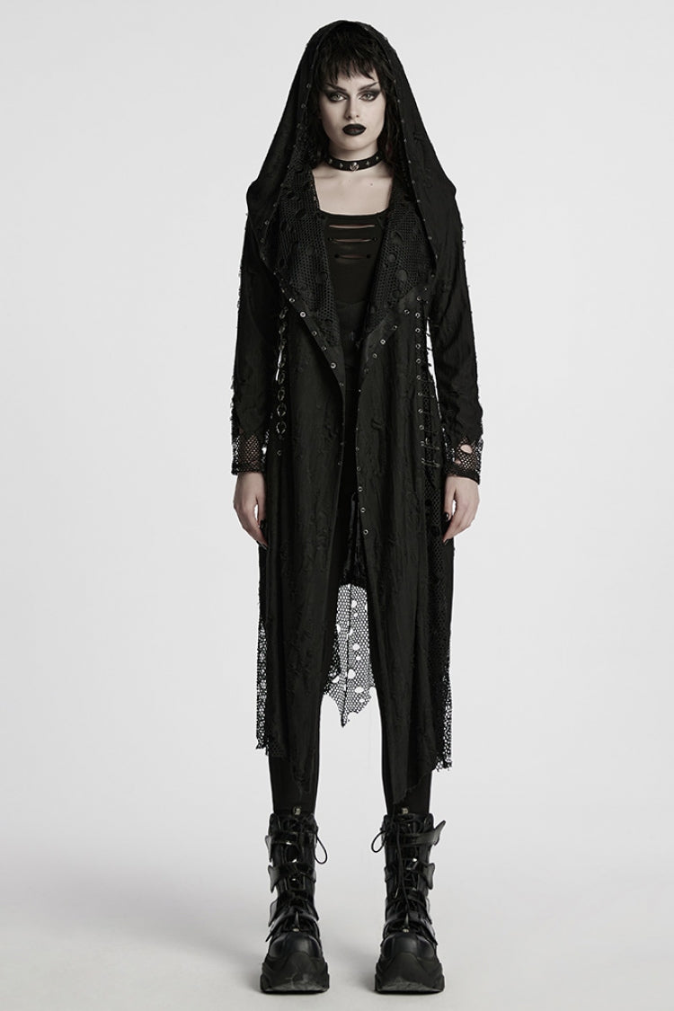 Black Long Sleeves Stitching Hooded Mesh Ripped Women's Gothic Coat - Black - 1