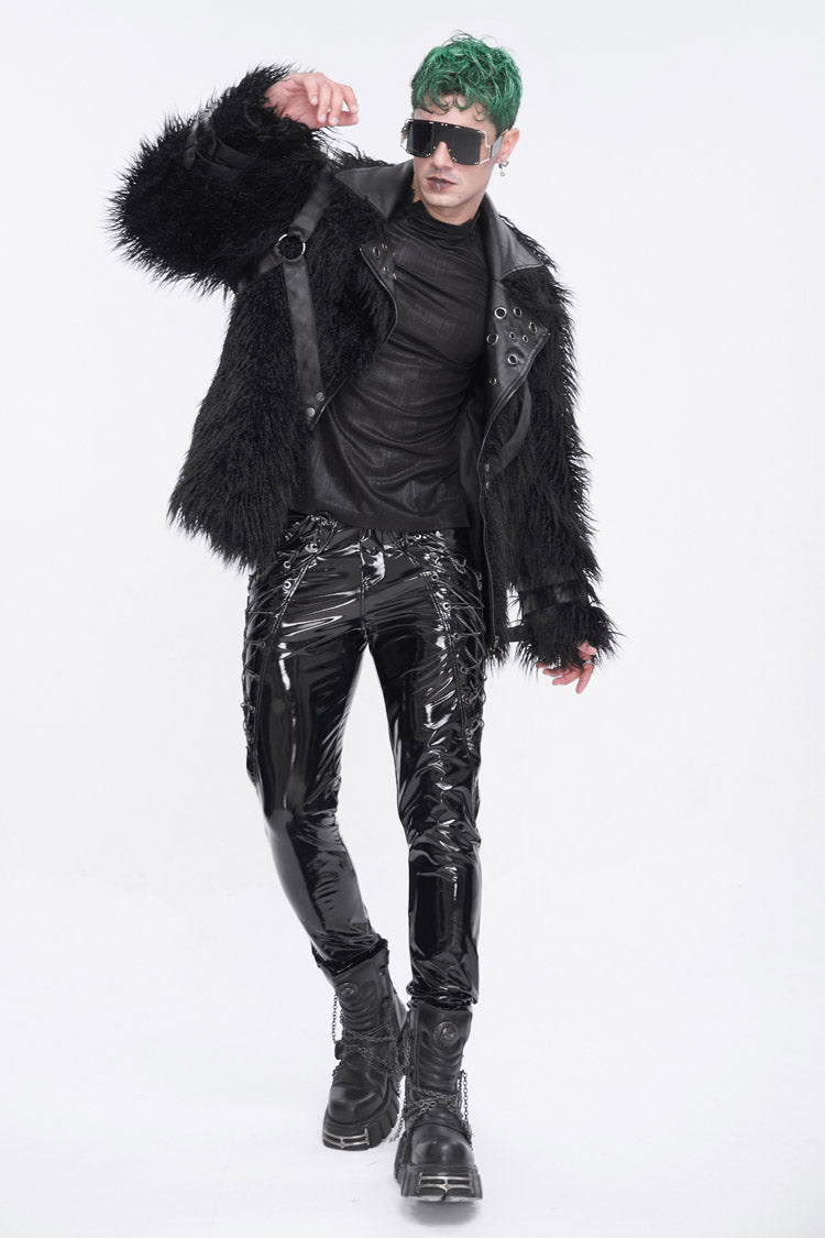 Black Lace Up Patent Leather Men's Punk Pants - Product - 6