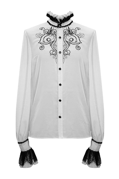 White Chiffon Embroidered Long Sleeves Mens Gothic Blouse - Product - 5