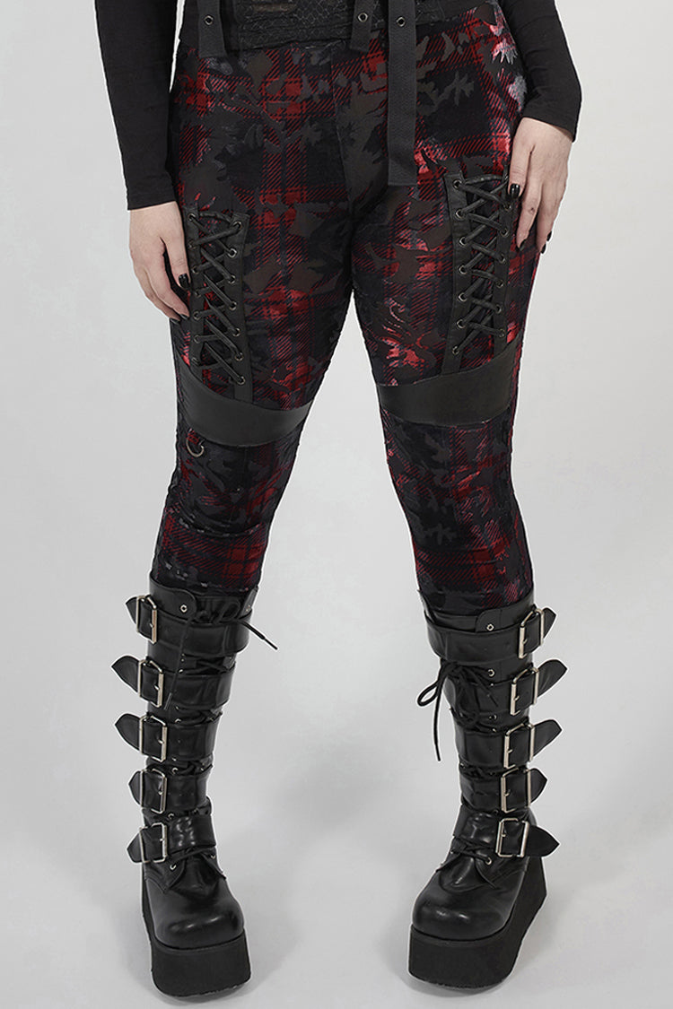 Red Plaid Plus Size Front Splice Imitation Leather Lace-Up Classic Printing Women's Punk Legging - Red - 1