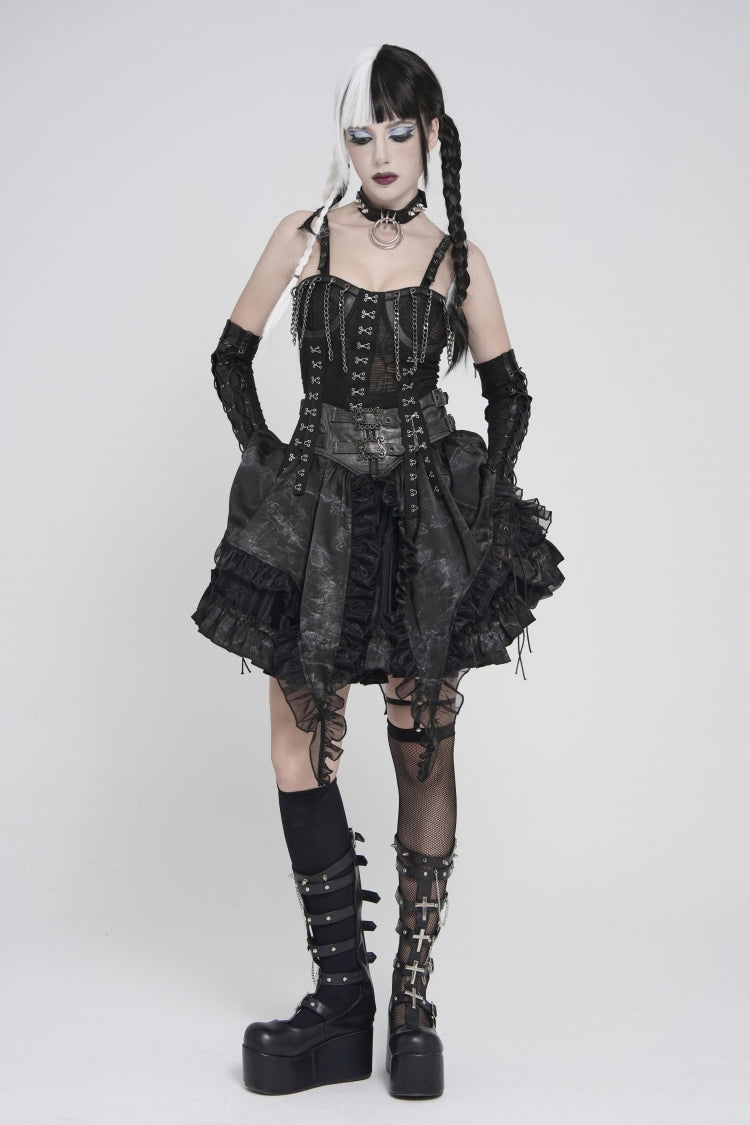 Black Off Shoulder Lace Lace-Up Slim Mesh Strappy Chain-Decorated Eyelet Women's Punk Corset - Product - 4