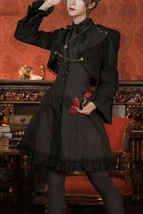 Black/Brown Single Breasted Long Sleeves Ruffled Striped Print Ouji Lolita Dress - Black/Brown - 1
