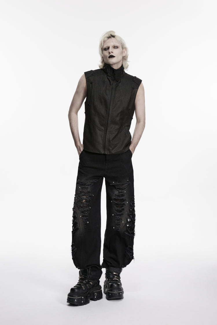 Black Stand Collar Sleeveless Studded Zippered Pleated Men's Punk Cool Vest - Product - 4