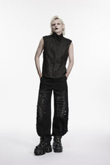 Black Stand Collar Sleeveless Studded Zippered Pleated Men's Punk Cool Vest - Product - 4