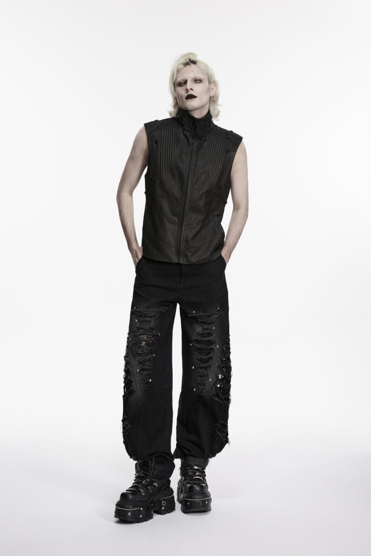 Black Stand Collar Sleeveless Studded Zippered Pleated Men's Punk Cool Vest - Product - 4