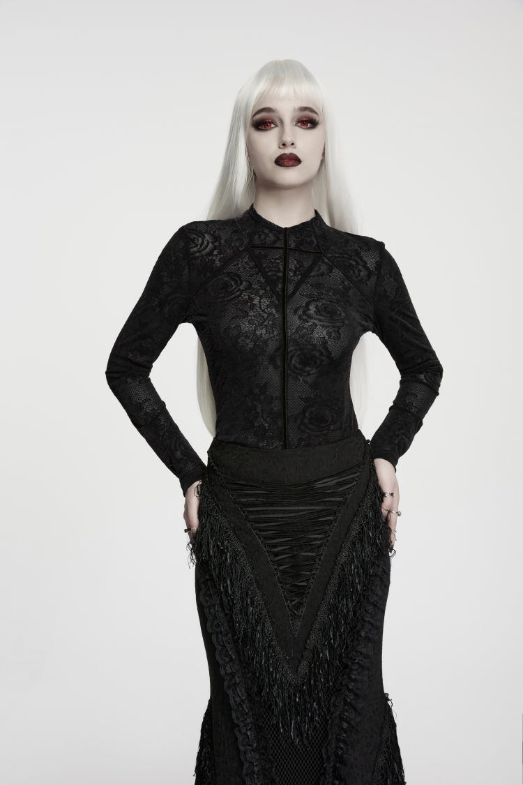 Black  High Collar Long Sleeves Rose Jacquard Lace Slim Fit Women's Gothic Luxurious Top - Black - 1