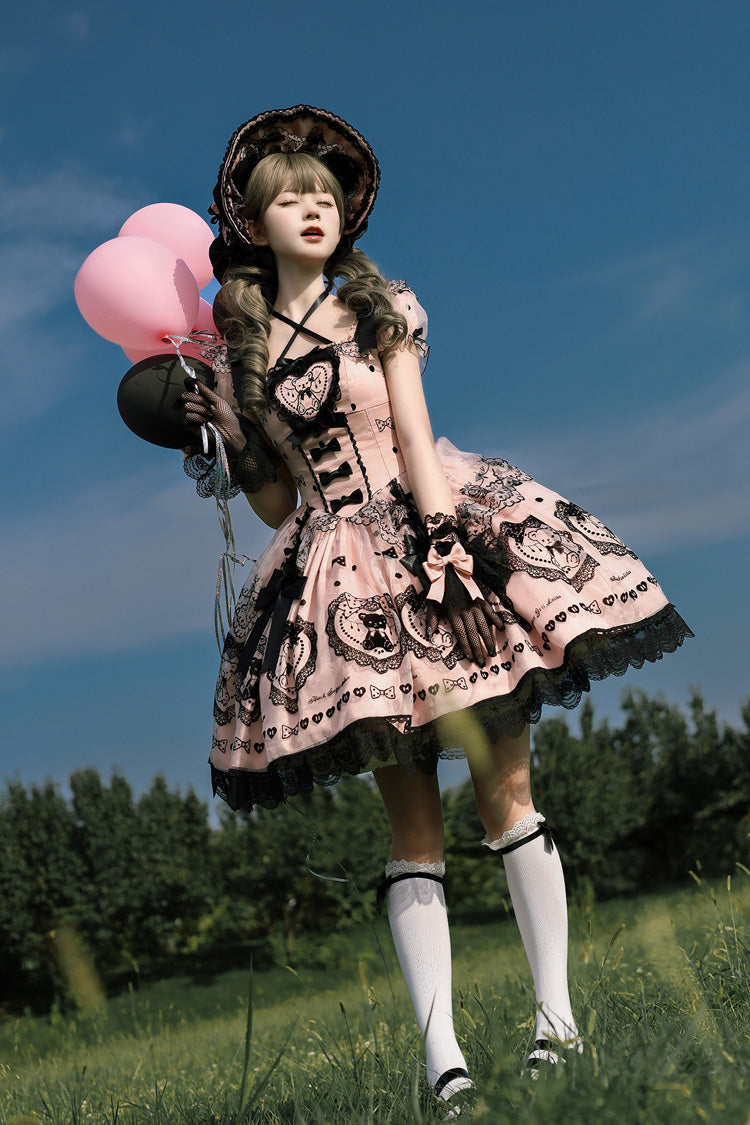 Pink [Sugar Bear] Square Collar Short Sleeves Embroidered Bow Sweet Lolita Dress (Bow Train Included) - Product - 8
