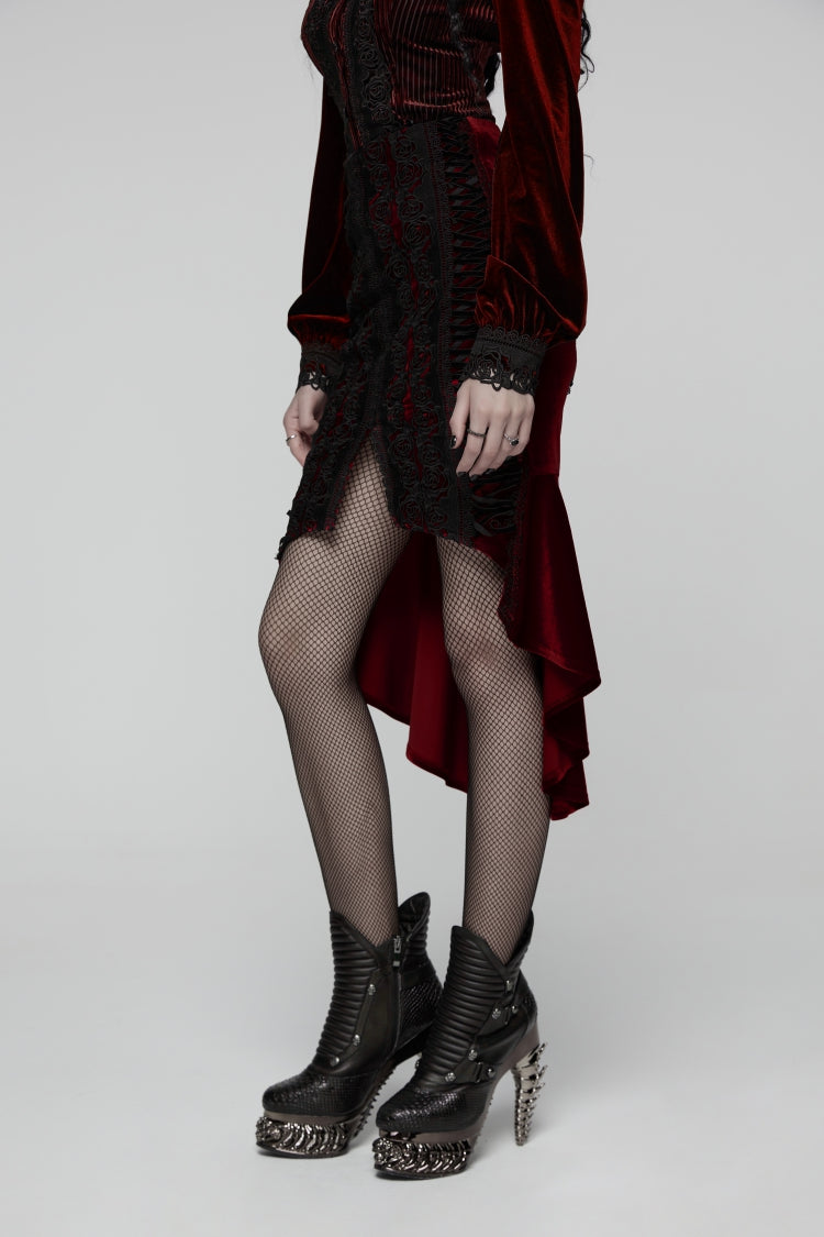 Red Embroidered Floral Embroidered Irregular Women's Gothic Fishtail  Skirt - Product - 6