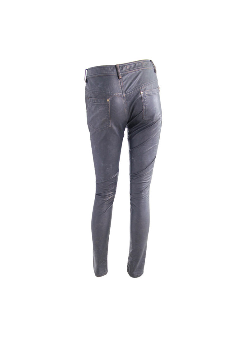 Black/Bronze Metal Zipper Decoration Metal Buckle Leather Leg Loop Leather Women's Punk Pants - Product - 8