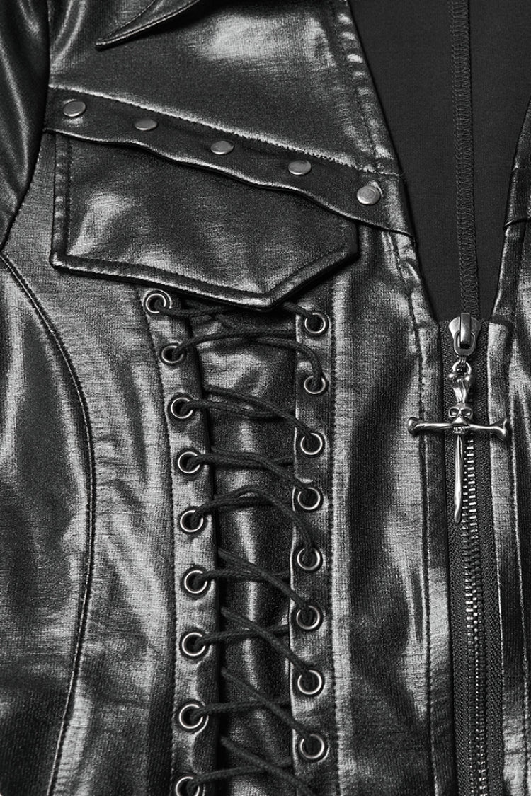 Black Stand Collar Long Sleeves Lace-Up Zipper Women's Punk Jacket - Product - 7