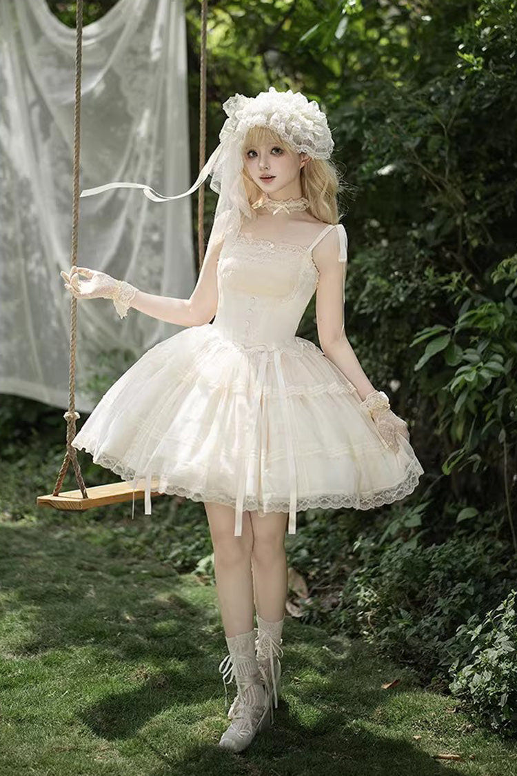 Ivory [Letters and Poems · Confession Poem] Square Collar Sleeveless Ruffled Bow Lace Fishbone Sweet Lolita Jsk Dress 2 Versions - Product - 14