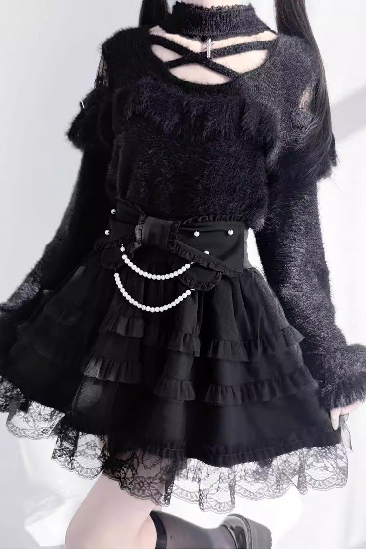 Pearl Ruffle Bowknot Lace Sweet Jirai Kei Skirt 2 Colors - Product - 2