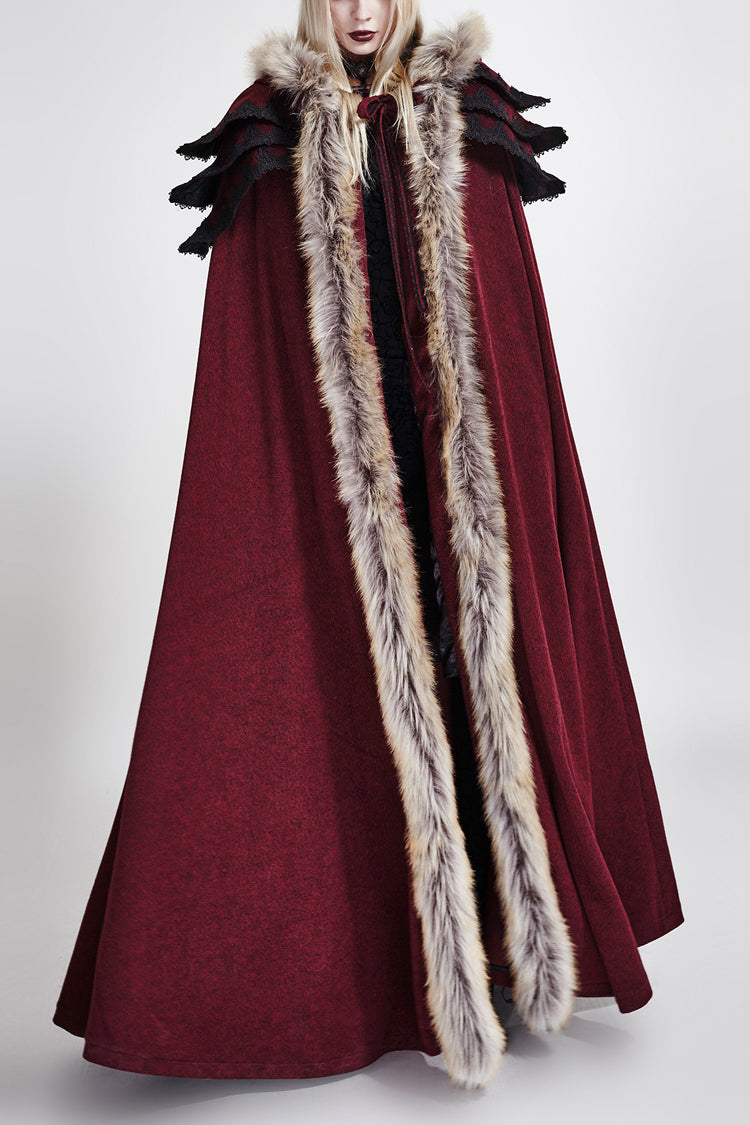 Red Hooded Fur Collar Wool Long Womens Gothic Coat Cloak - Red - 1