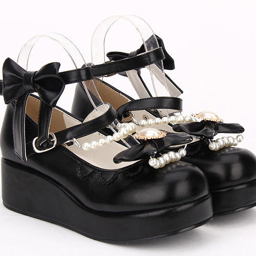 Round toe Bowknot Pearl Chain Classic Lolita Shoes - Product - 5
