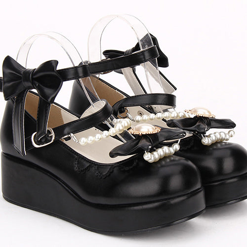 Round toe Bowknot Pearl Chain Classic Lolita Shoes - Product - 5
