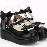Round toe Bowknot Pearl Chain Classic Lolita Shoes - Product - 5