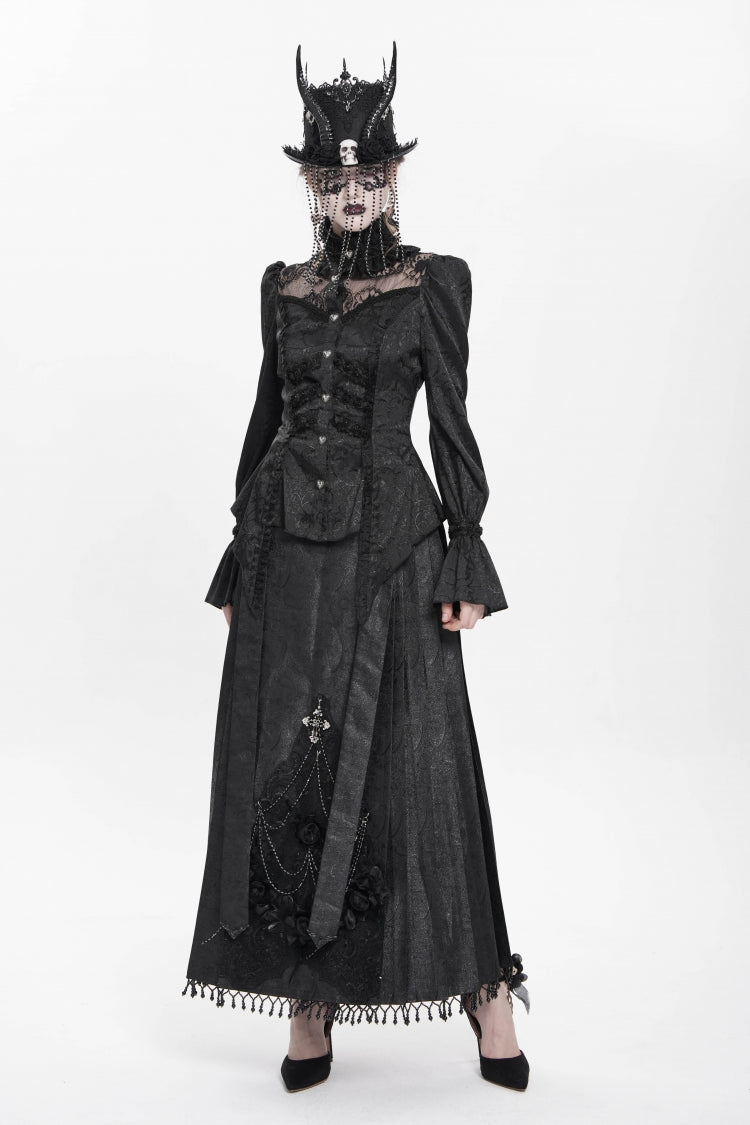 Black Stand Collar Long Sleeves Jacquard Hollow Lace Women's Gothic Blouse - Product - 11