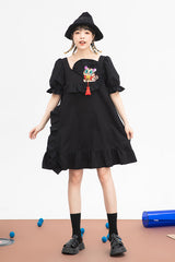 Black Ruffled Square Collar Cute Tiger Embroidered Bubble Short Sleeves High Waisted Sweet Lolita Dress - Product - 4