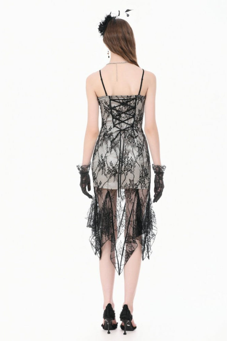 Black/White Lace Floral Embroidered Lace-Up Asymmetric Hem Women's Gothic Slip Dress - Product - 4