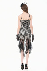 Black/White Lace Floral Embroidered Lace-Up Asymmetric Hem Women's Gothic Slip Dress - Product - 4