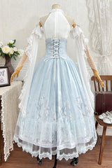 Blue [Snow Lily] Print Ruffle Hanayome Embroidery Bowknot Lace-Up Sweet Elegant Princess Lolita Skirt Set - Product - 3