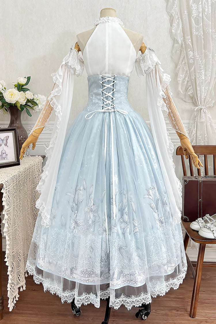 Blue [Snow Lily] Print Ruffle Hanayome Embroidery Bowknot Lace-Up Sweet Elegant Princess Lolita Skirt Set - Product - 3
