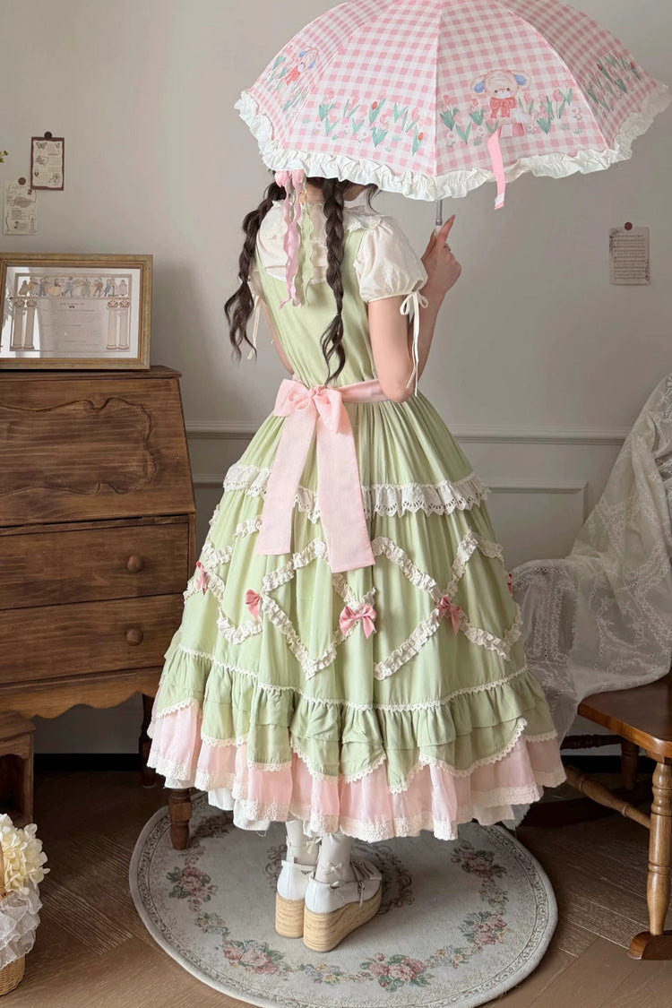 グリーン [Tulip Blossom Field] ティアード パストラルスタイル フリル前開きリボン スウィートロリータ ジャンパースカート（JSK） 商品画像