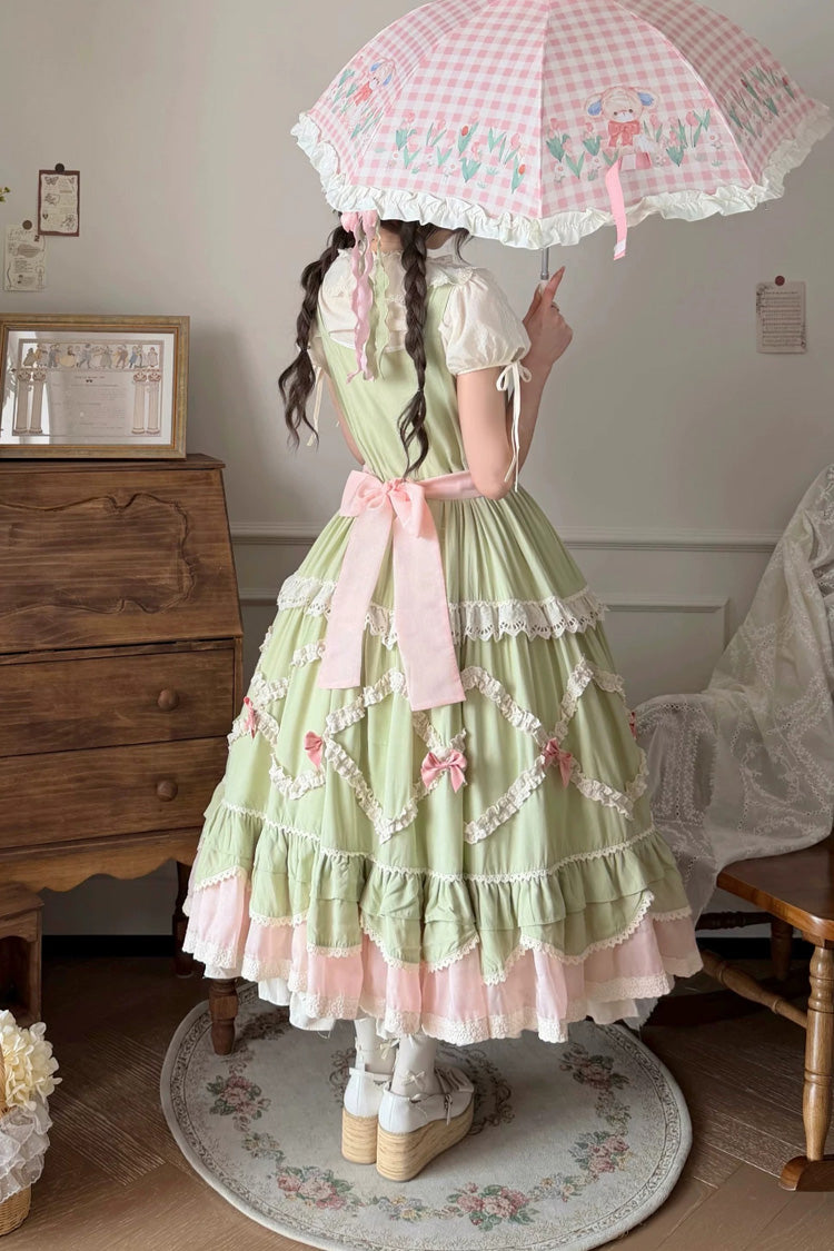 Green [Tulip Blossom Field] Multi-Layered Pastoral Style Ruffled Open-Front Bow Sweet Lolita Jsk Dress - Product - 5