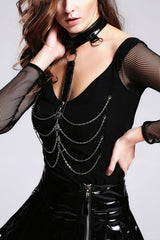 Black Sexy Big V Collar Bright Leather Chocker Punk Womens T-Shirt With Chain - Black - 1