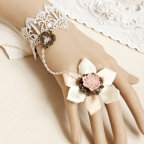 White Retro Fashion Lace Pink Flowers Female Bride Bridesmaid Lolita Ring Bracelet - White - 1