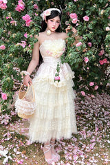 Pink Flower Goddess of Love Ruffle Bowknot Lace Sweet Elegant Lolita Maxi Skirt Dress Set - Product - 2