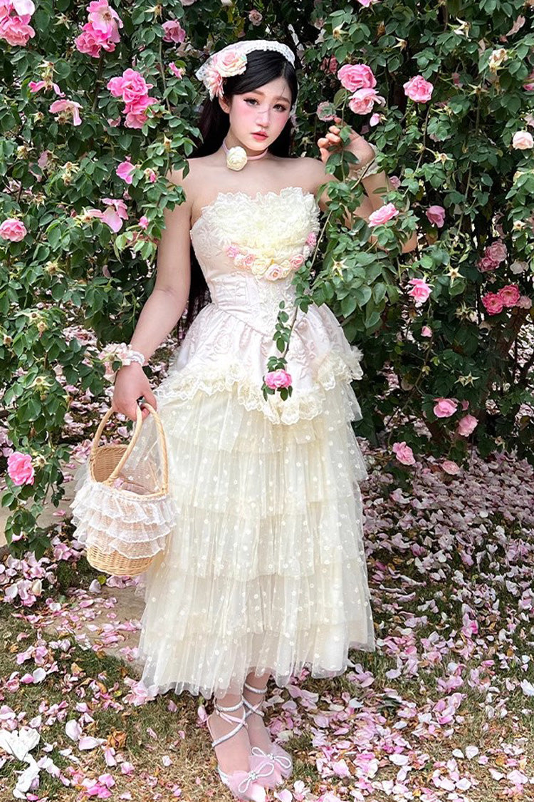 Pink Flower Goddess of Love Ruffle Bowknot Lace Sweet Elegant Lolita Maxi Skirt Dress Set - Product - 2
