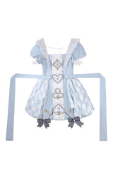 Blue [Dedicated to Alice] Square Collar Short Sleeves Jacquard Printed Ruffled Bow Sweet Lolita Dress Set - Dress(Only) - 7